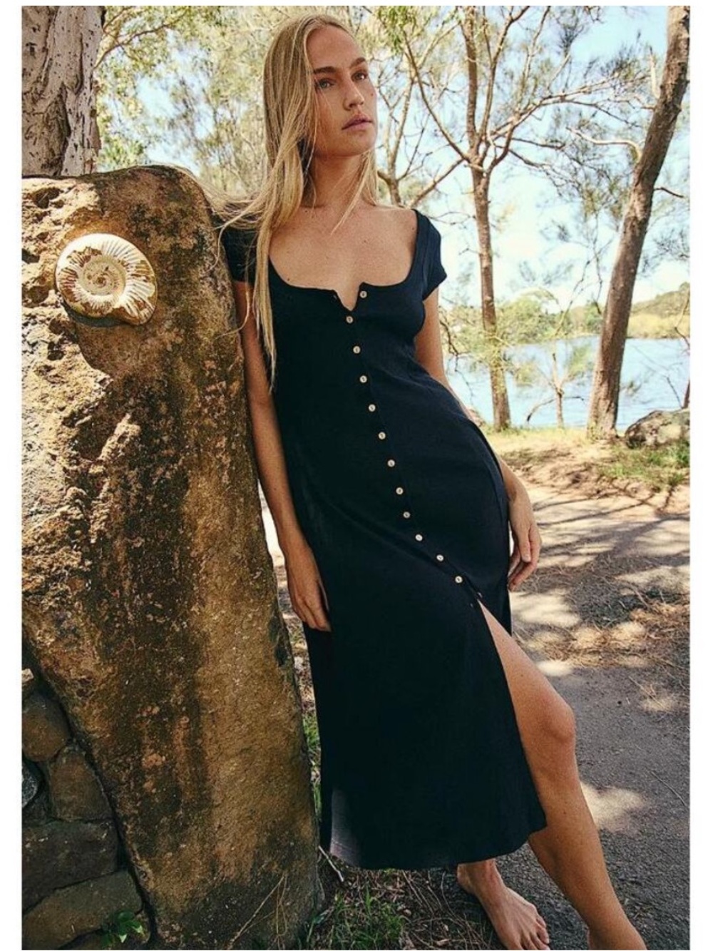Free People Beach Magnolia Midi Dress Black Size Medium Full Button Ribbed